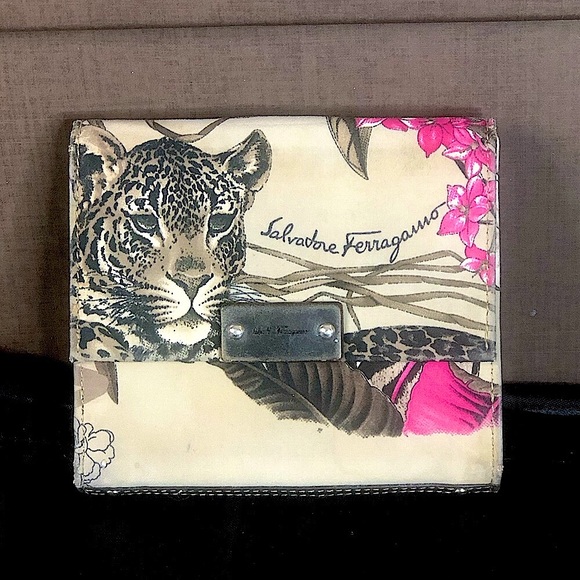 Salvatore Ferragamo Handbags - SALVATORE FERRAGAMO Compact Wallet Tiger Leopard Jungle Motif RARE See Match Bag